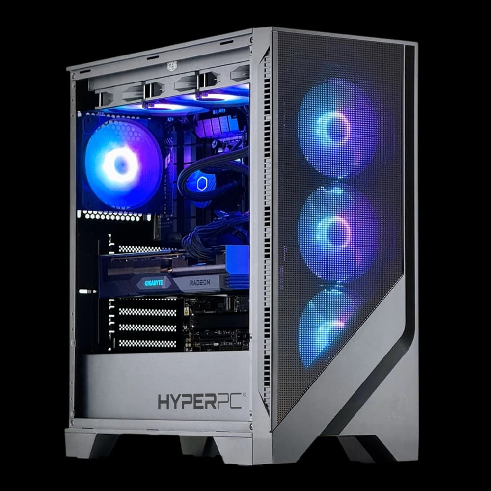 Torre Hyper PC MSI MAG 320R plateada con refrigeración líquida y ventiladores azules